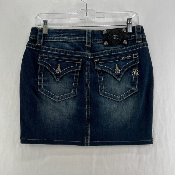 Miss Me Signature Mid Skirt Womens 28 Straight Mini Stretch Zip Denim Dark Wash - Picture 3 of 13